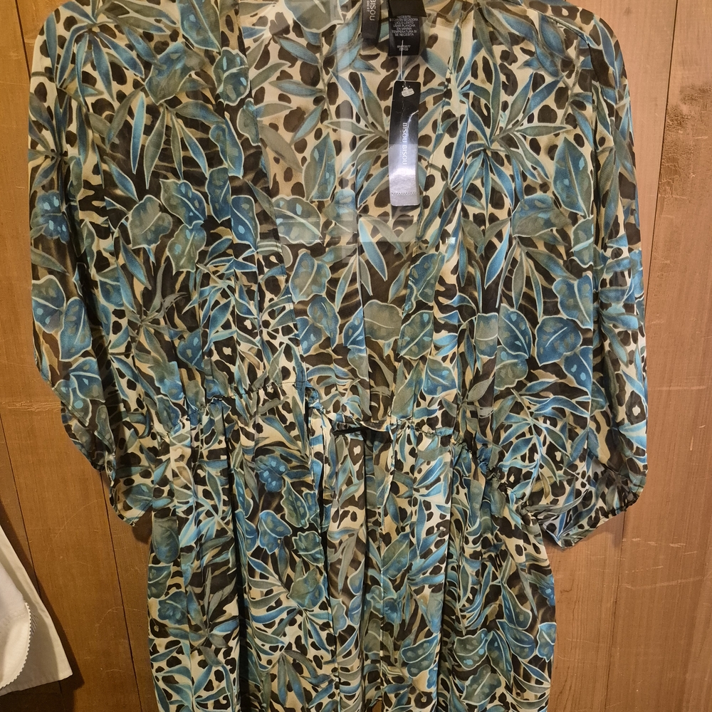 Bisou Bisou Blue and Gray Relaxed Tie Front Blouse